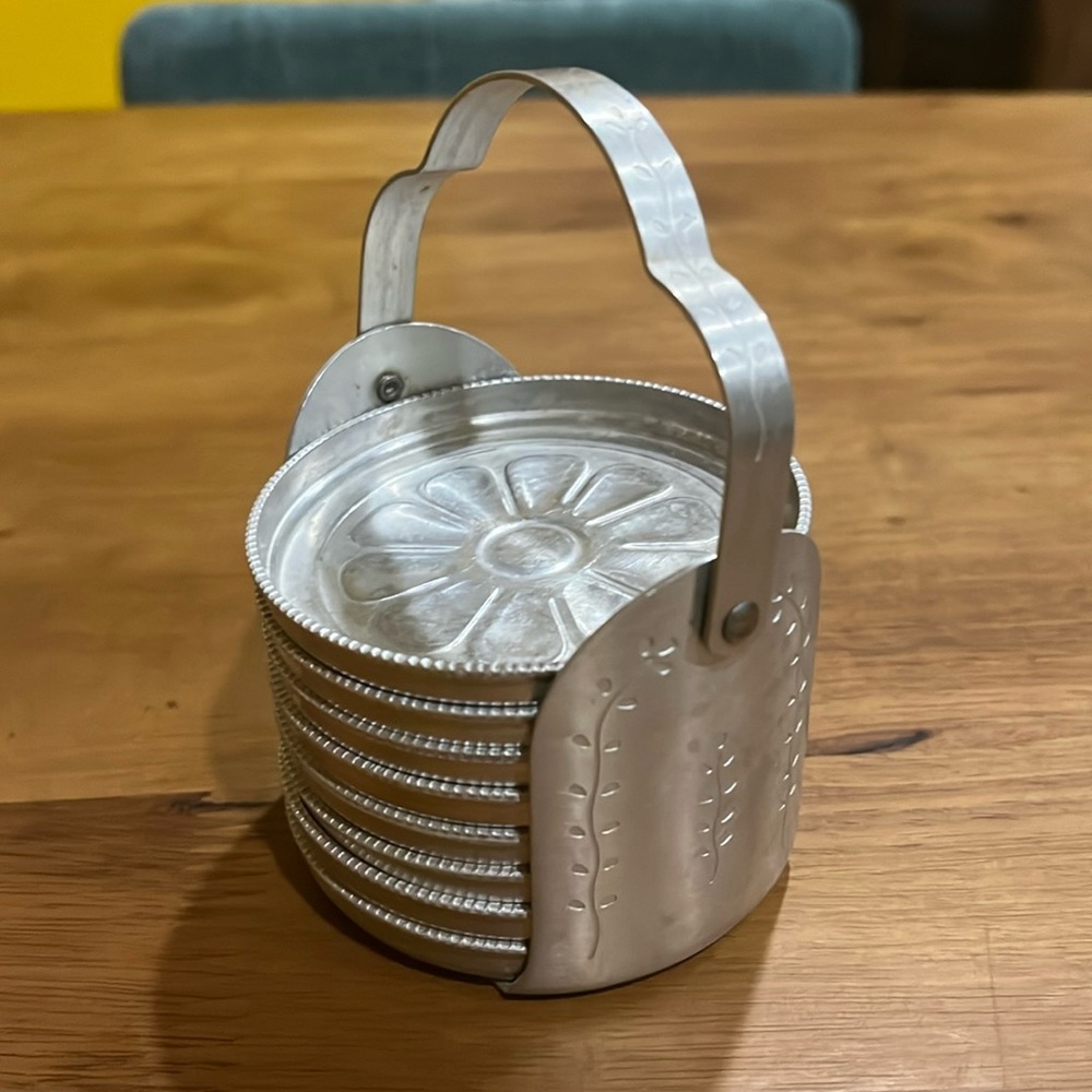 Vintage Aluminum Flower Coasters With Holder (Set of 8)